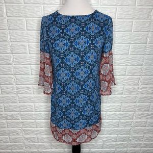 JEALOUS TOMATO Boho Pattern Dress Bell Sleeves Blue Red Size S